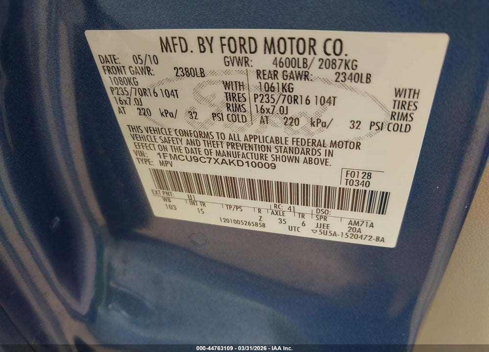 2010 FORD ESCAPE XLS VIN: 1FMCU9C7XAKD10009