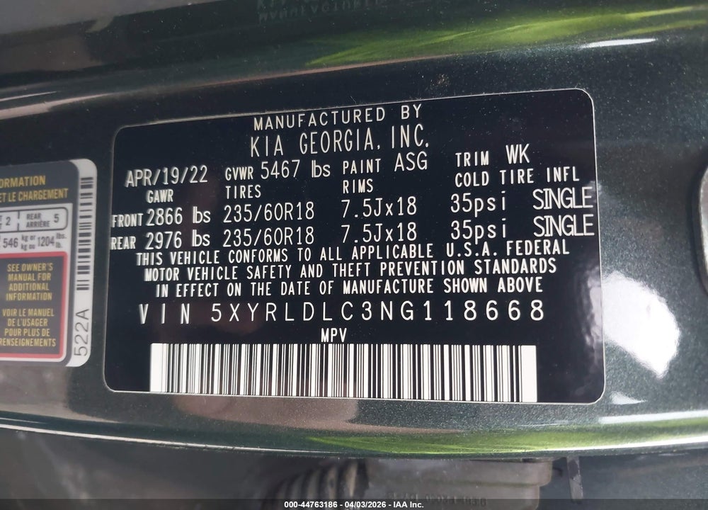 2022 KIA SORENTO X-LINE S VIN: 5XYRLDLC3NG118668