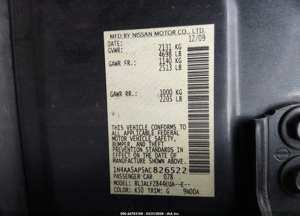 2010 NISSAN MAXIMA 3.5 SV VIN: 1N4AA5AP5AC826522