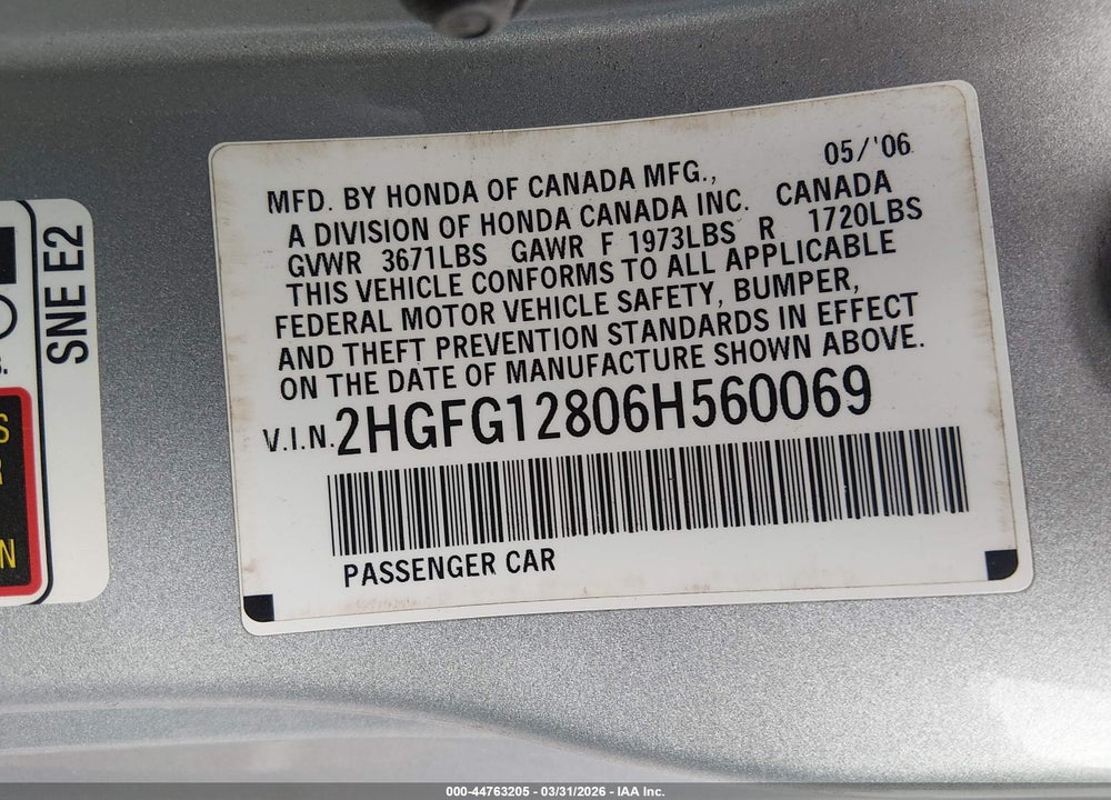 2006 HONDA CIVIC EX VIN: 2HGFG12806H560069