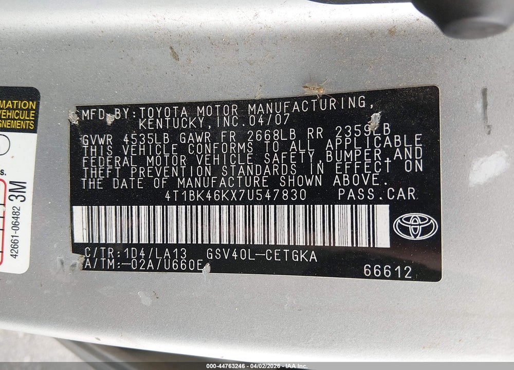 2007 TOYOTA CAMRY XLE V6 VIN: 4T1BK46KX7U547830