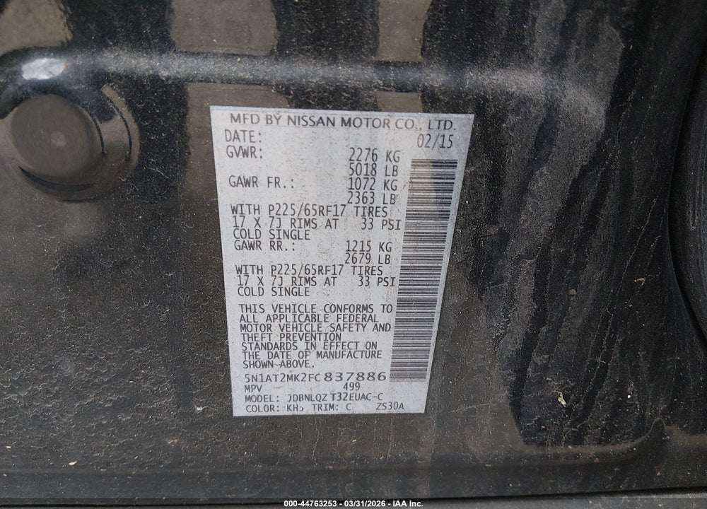 2015 NISSAN ROGUE SV VIN: 5N1AT2MK2FC837886