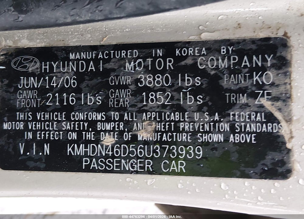 2006 HYUNDAI ELANTRA GLS/LIMITED VIN: KMHDN46D56U373939