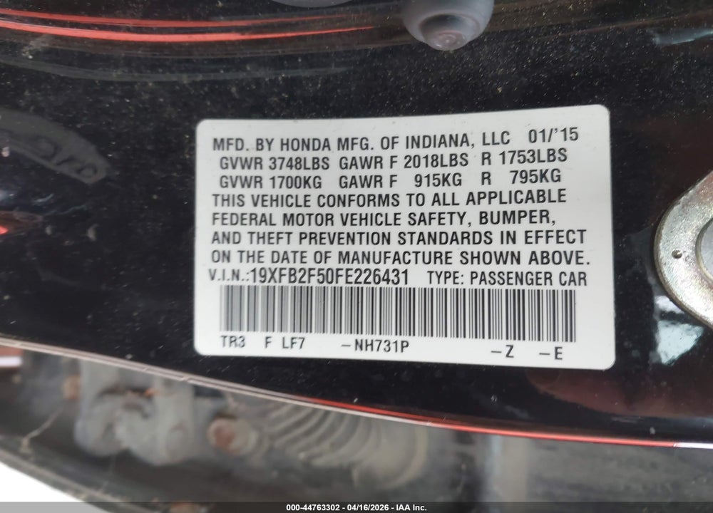 2015 HONDA CIVIC LX VIN: 19XFB2F50FE226431