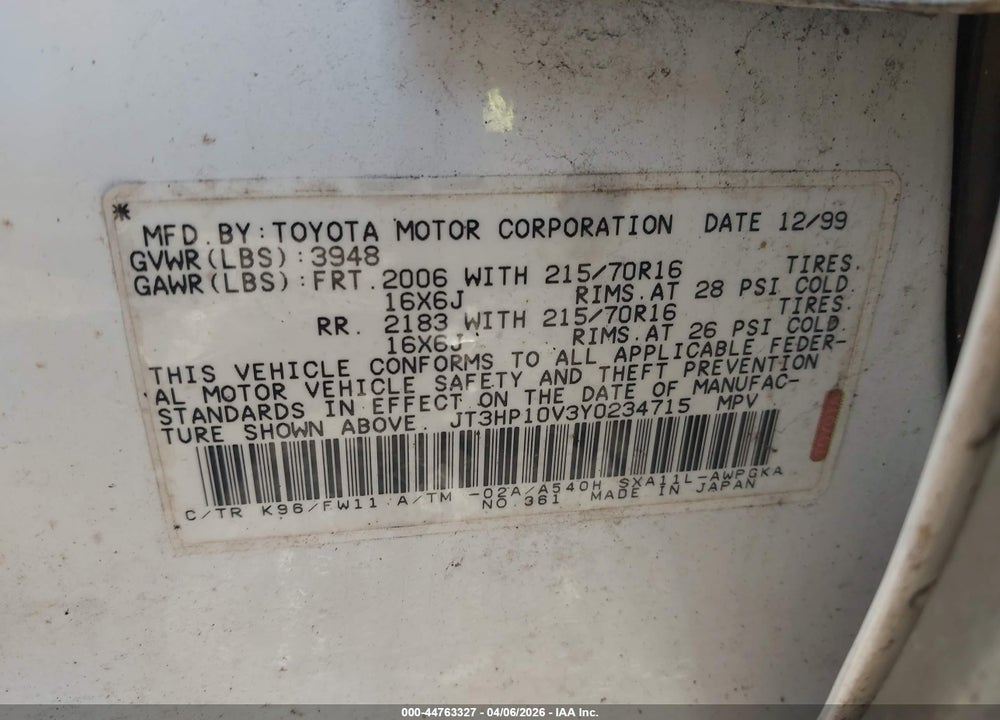 2000 TOYOTA RAV4 VIN: JT3HP10V3Y0234715