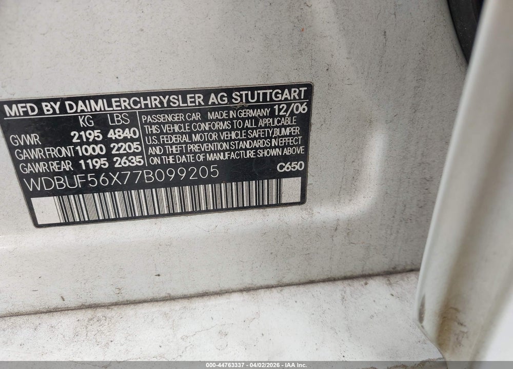 2007 MERCEDES-BENZ E 350 VIN: WDBUF56X77B099205