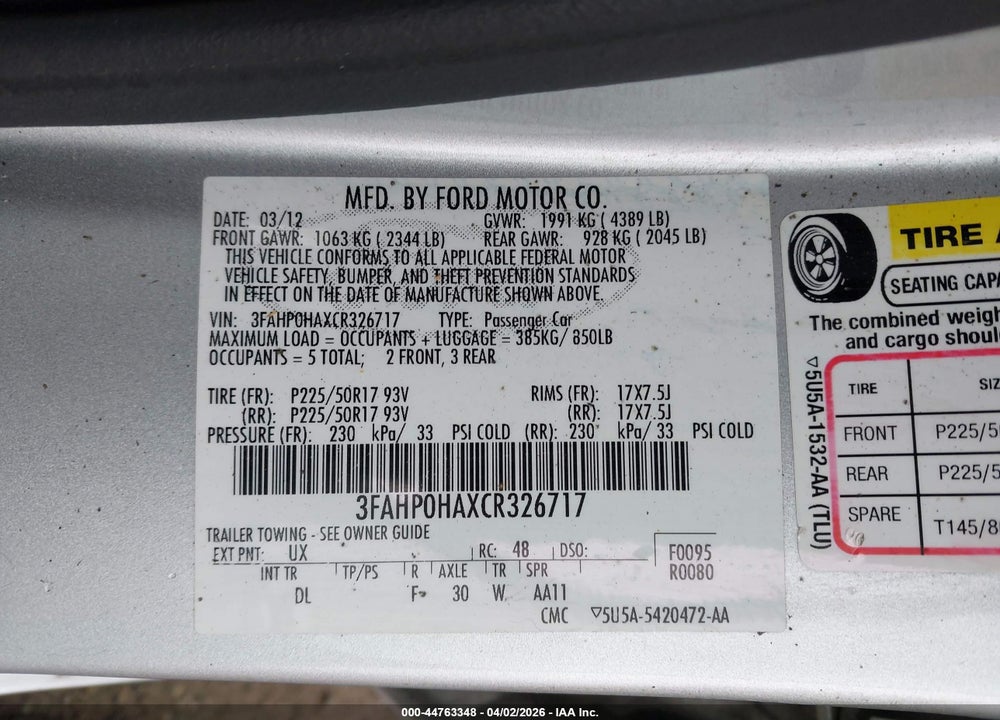 2012 FORD FUSION SE VIN: 3FAHP0HAXCR326717