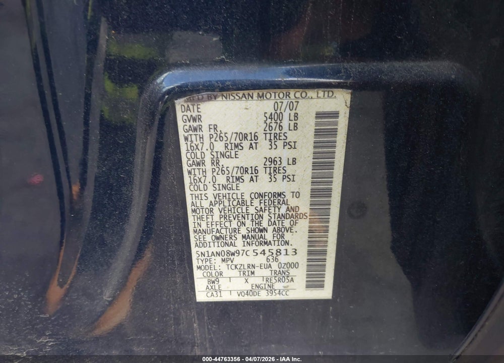 2007 NISSAN XTERRA S VIN: 5N1AN08W97C545813