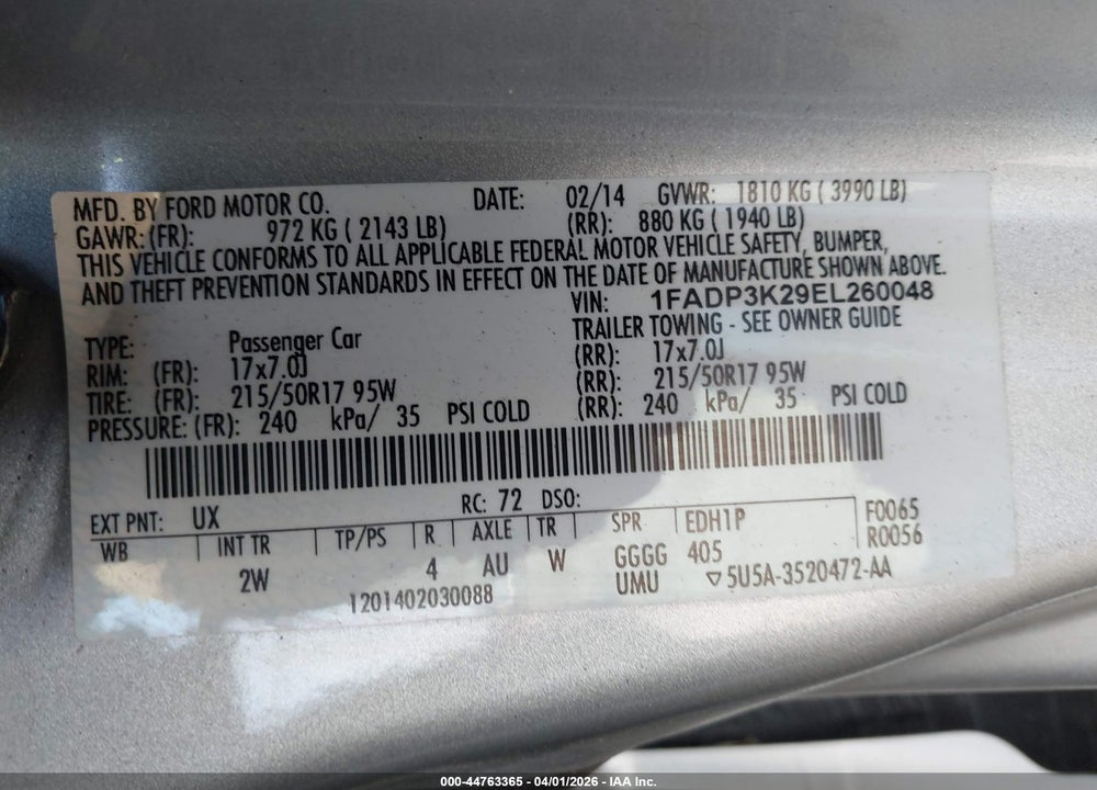 2014 FORD FOCUS SE VIN: 1FADP3K29EL260048