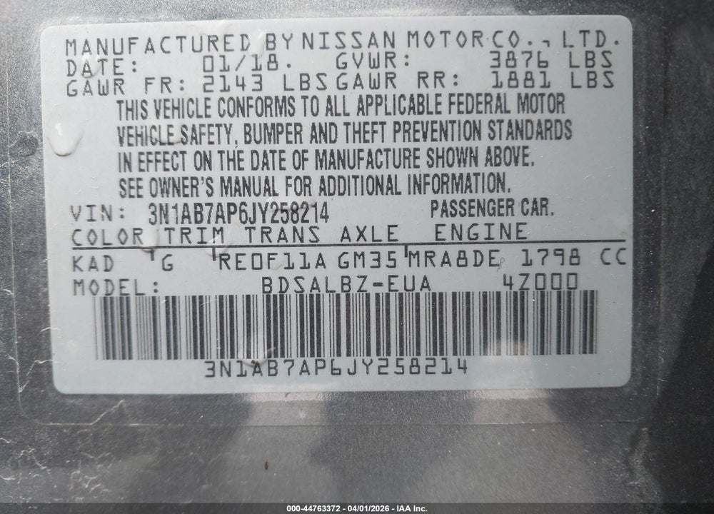 2018 NISSAN SENTRA S VIN: 3N1AB7AP6JY258214