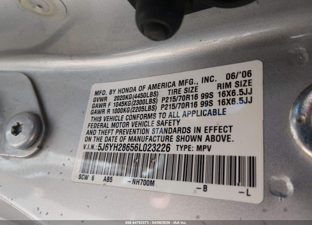 2006 HONDA ELEMENT EX VIN: 5J6YH28656L023226