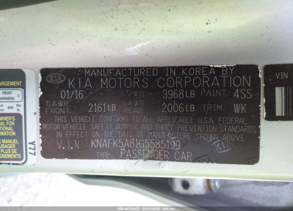 2016 KIA FORTE LX VIN: KNAFK5A81G5585199