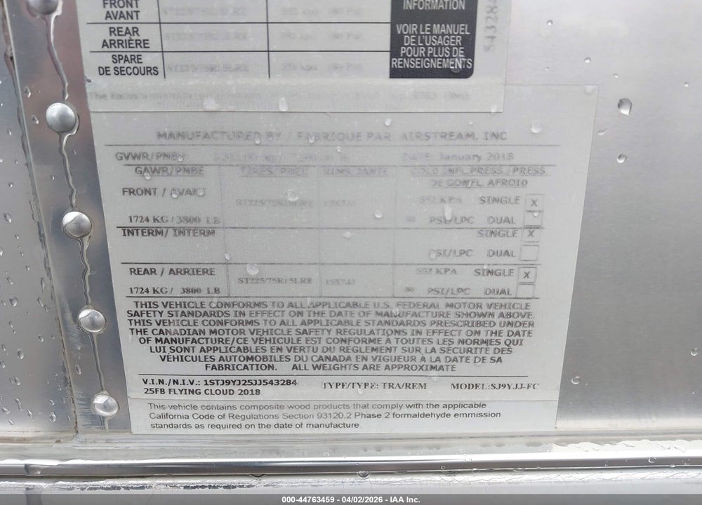 2018 AIRSTREAM OTHER VIN: 1STJ9YJ25JJ543284