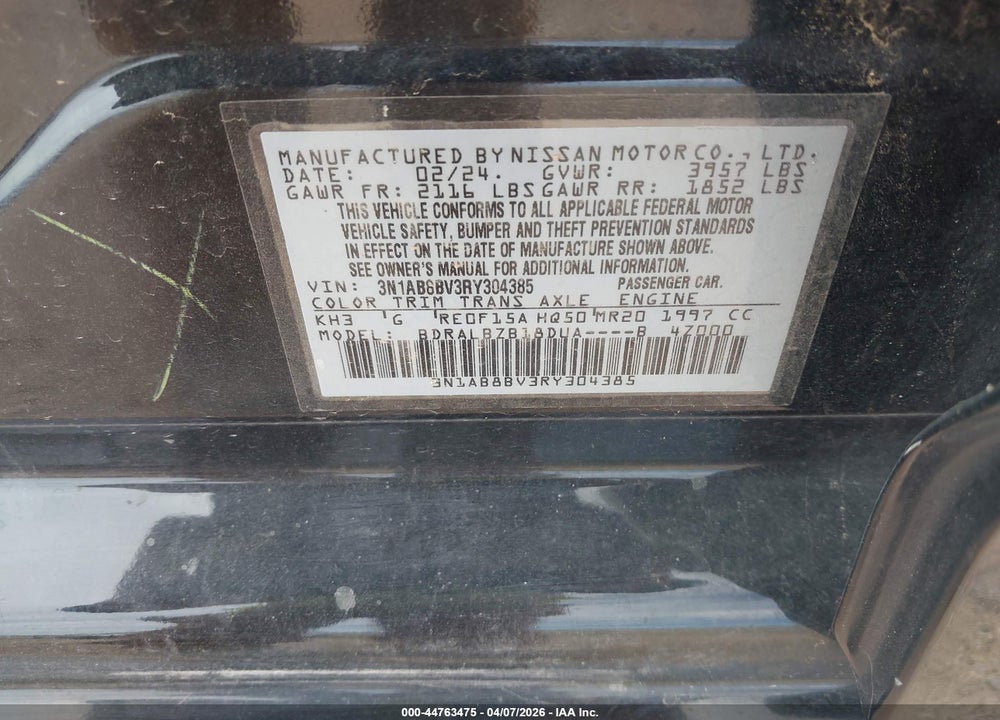2024 NISSAN SENTRA S XTRONIC CVT VIN: 3N1AB8BV3RY304385