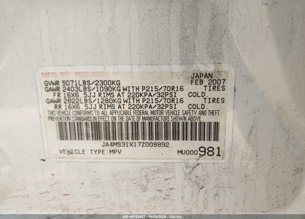 2007 MITSUBISHI OUTLANDER ES/LS VIN: JA4MS31X17Z008892