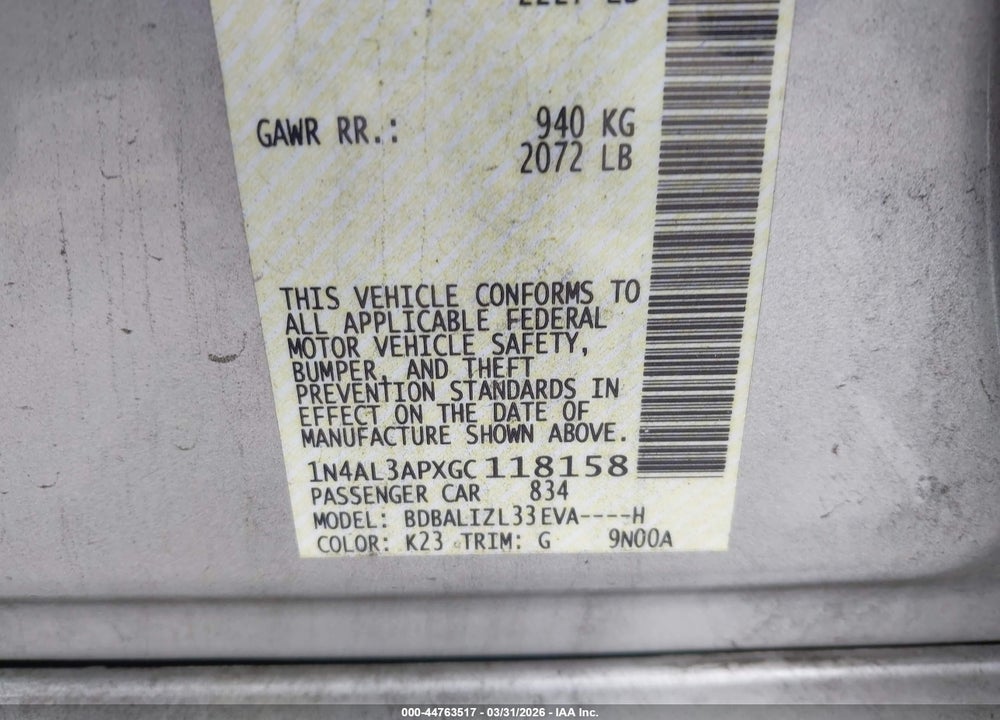 2016 NISSAN ALTIMA 2.5 SV VIN: 1N4AL3APXGC118158