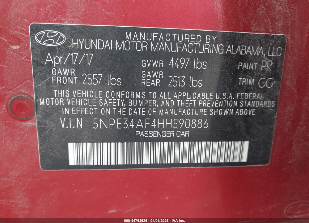 2017 HYUNDAI SONATA SPORT VIN: 5NPE34AF4HH590886