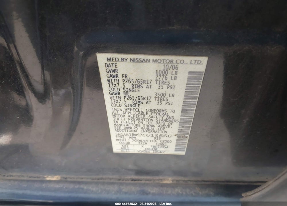2007 NISSAN PATHFINDER LE VIN: 5N1AR18W97C613666