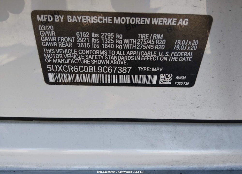 2020 BMW X5 VIN: 5UXCR6C08L9C67387