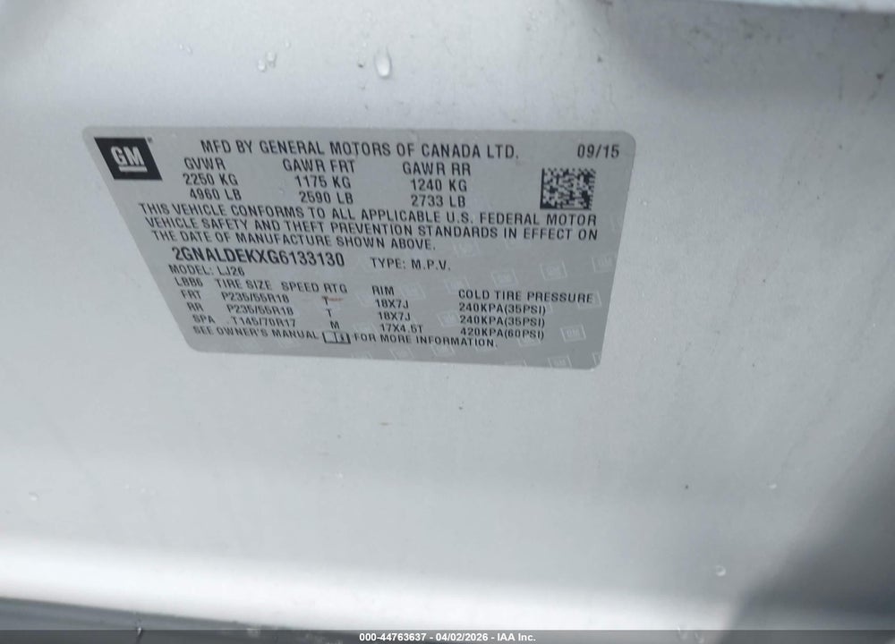 2016 CHEVROLET EQUINOX LTZ VIN: 2GNALDEKXG6133130