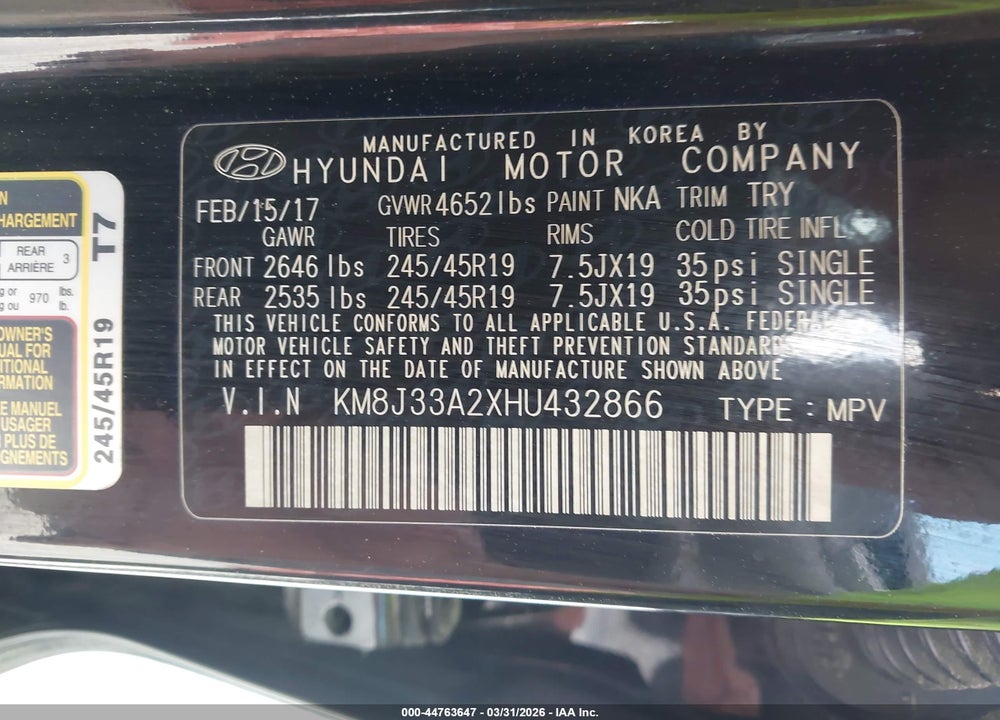 2017 HYUNDAI TUCSON NIGHT VIN: KM8J33A2XHU432866