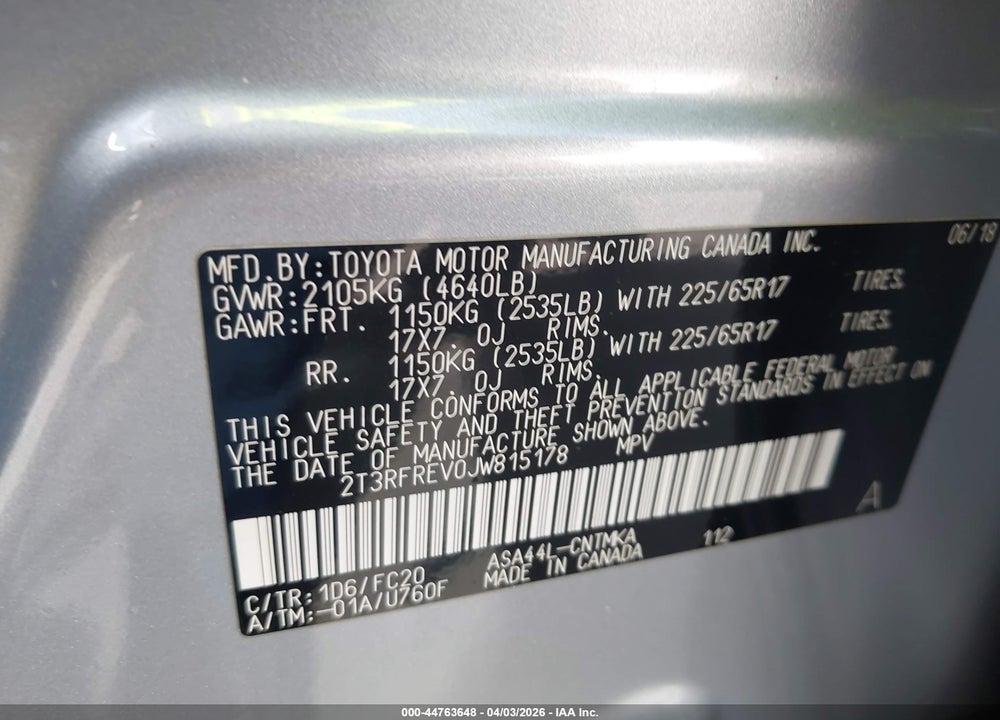 2018 TOYOTA RAV4 XLE VIN: 2T3RFREV0JW815178