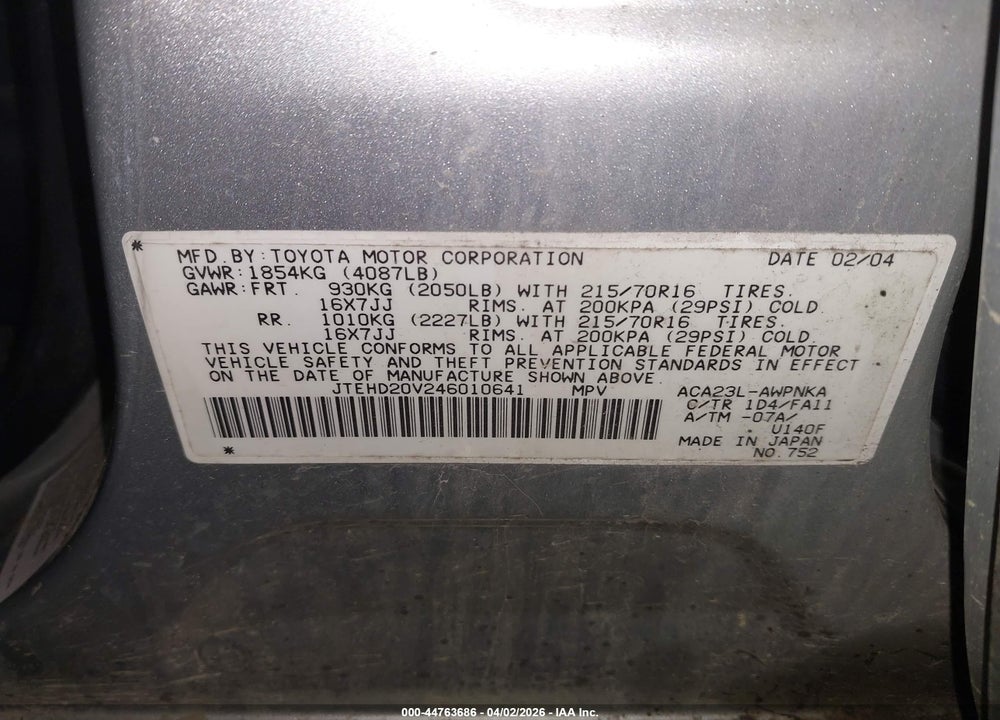 2004 TOYOTA RAV4 VIN: JTEHD20V246010641