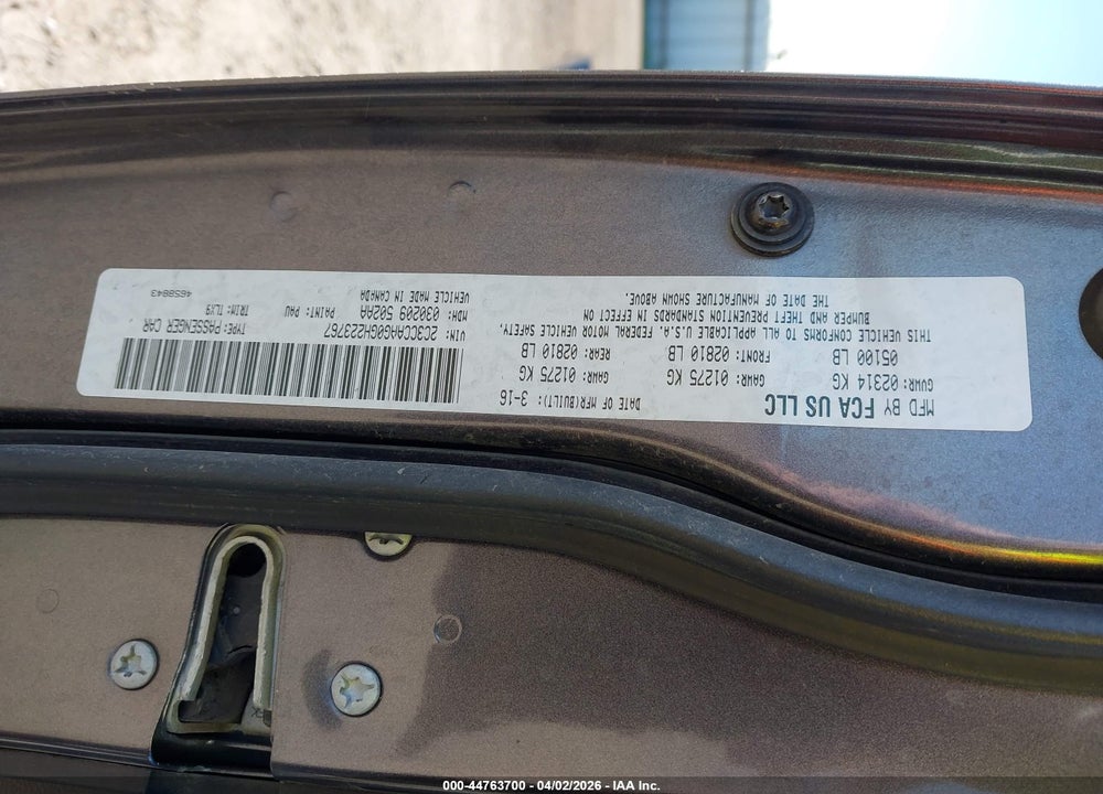 2016 CHRYSLER 300 LIMITED VIN: 2C3CCAAG0GH223767