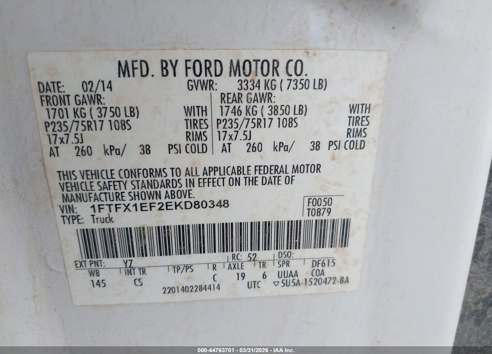 2014 FORD F-150 XL VIN: 1FTFX1EF2EKD80348