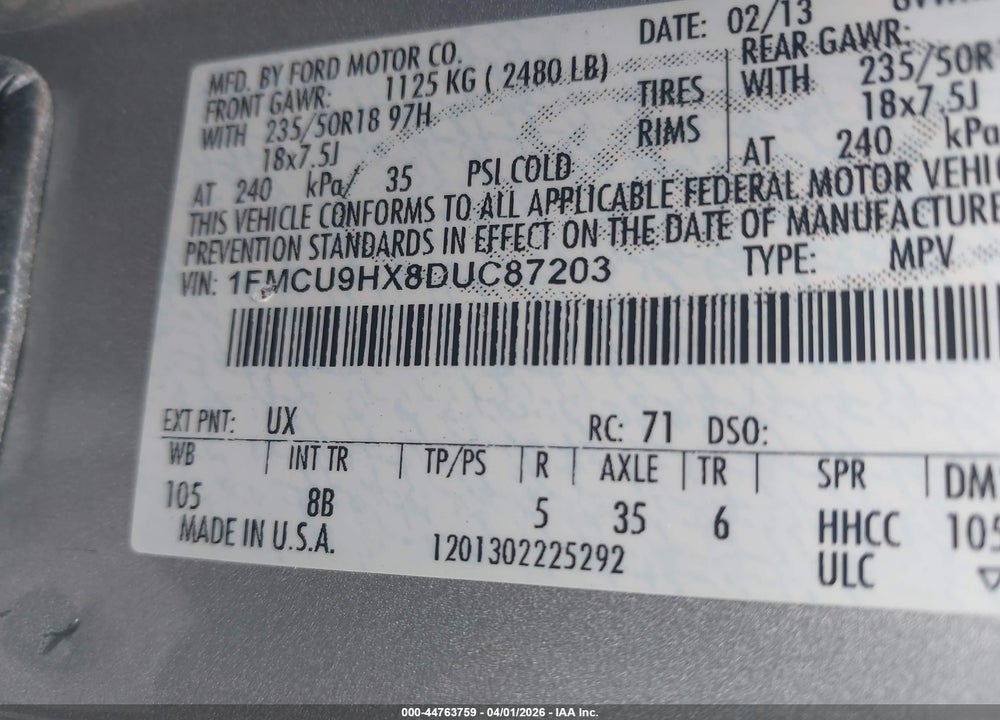 2013 FORD ESCAPE SEL VIN: 1FMCU9HX8DUC87203
