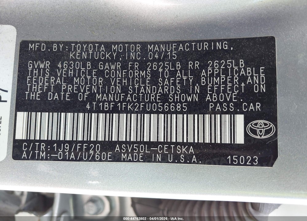 2015 TOYOTA CAMRY SE VIN: 4T1BF1FK2FU056685