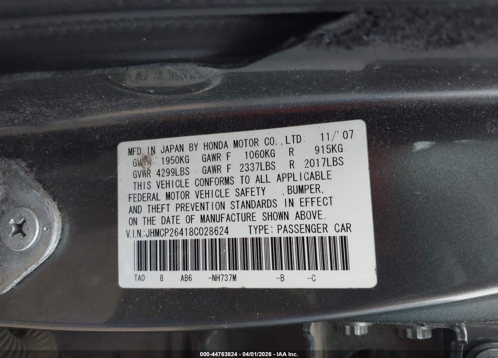 2008 HONDA ACCORD 2.4 LX-P VIN: JHMCP26418C028624