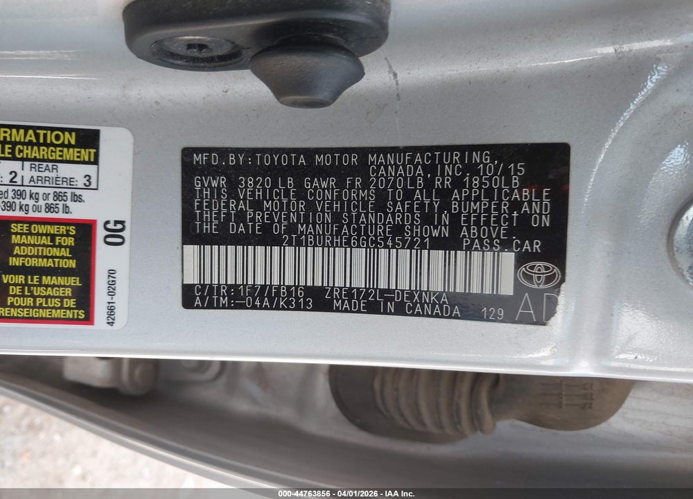 2016 TOYOTA COROLLA LE VIN: 2T1BURHE6GC545721