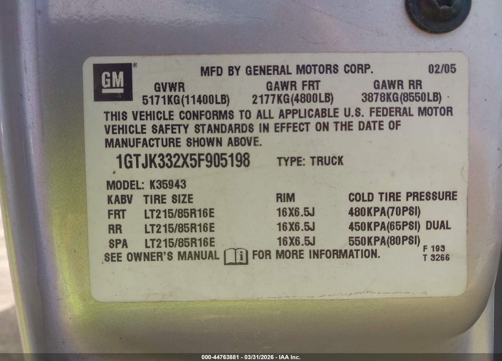 2005 GMC SIERRA 3500 SLT VIN: 1GTJK332X5F905198