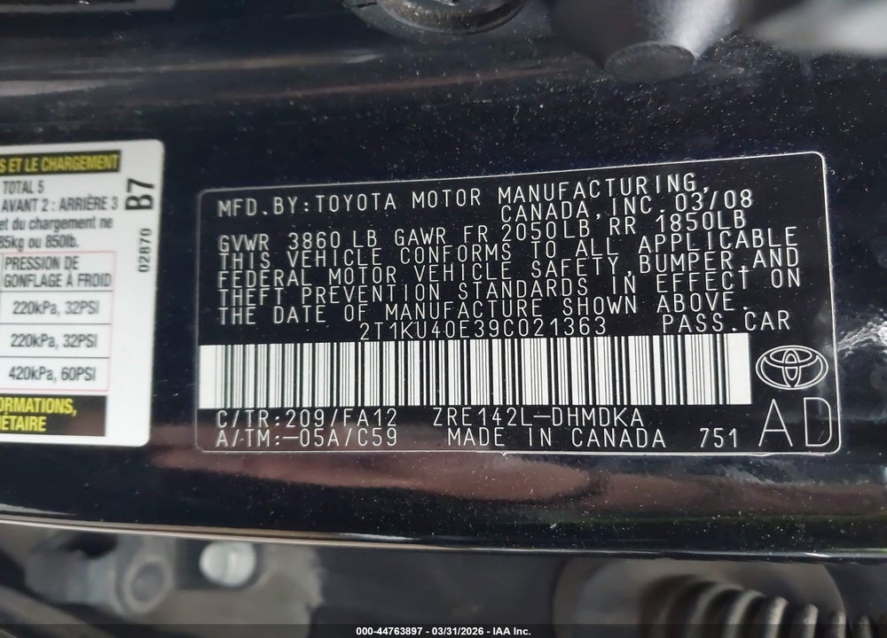 2009 TOYOTA MATRIX VIN: 2T1KU40E39C021363