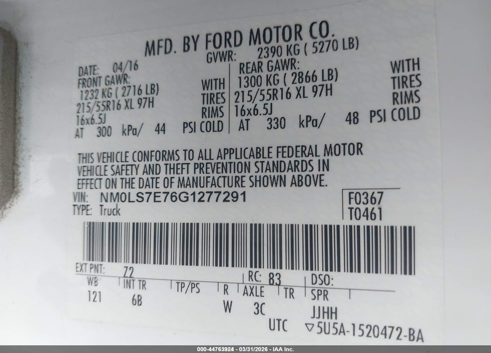 2016 FORD TRANSIT CONNECT XL VIN: NM0LS7E76G1277291