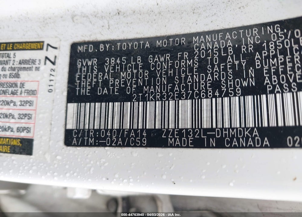 2007 TOYOTA MATRIX VIN: 2T1KR32E37C684759