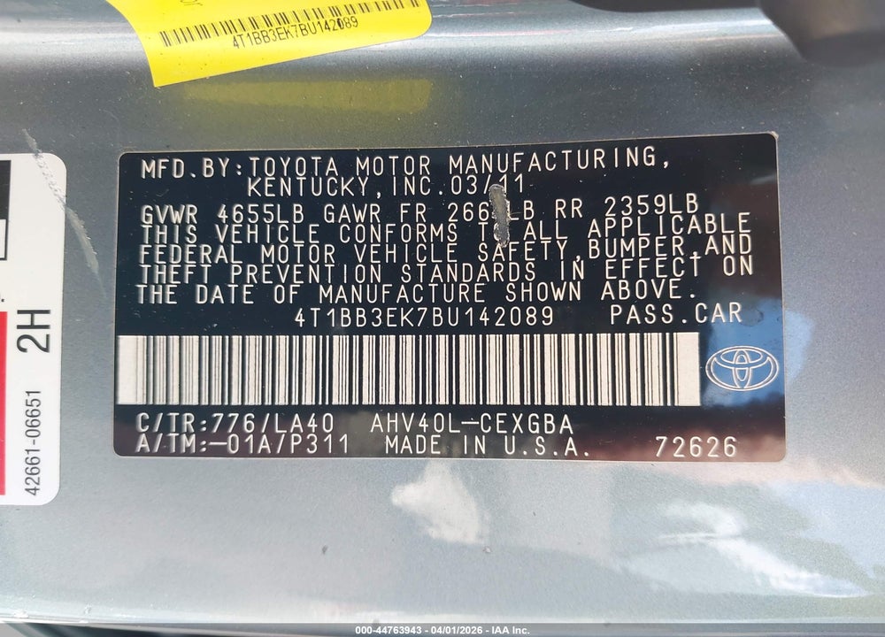 2011 TOYOTA CAMRY HYBRID VIN: 4T1BB3EK7BU142089
