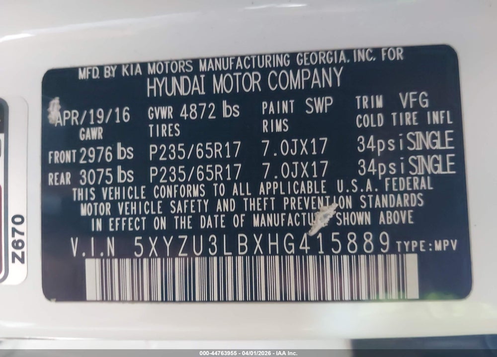 2017 HYUNDAI SANTA FE SPORT 2.4L VIN: 5XYZU3LBXHG415889