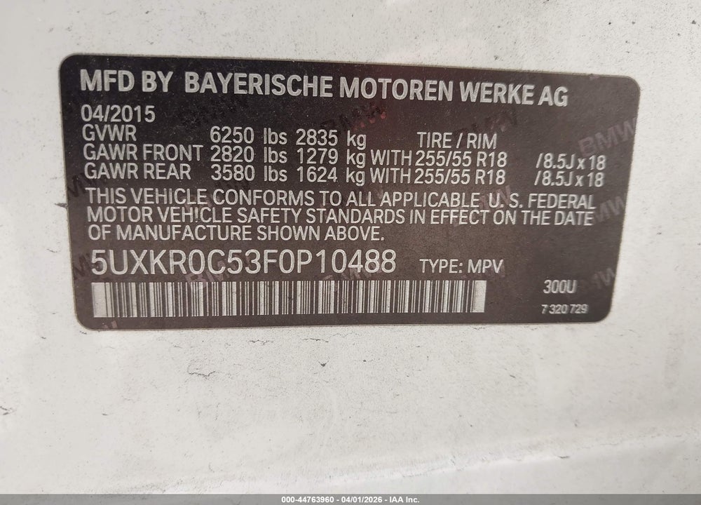 2015 BMW X5 XDRIVE35I VIN: 5UXKR0C53F0P10488