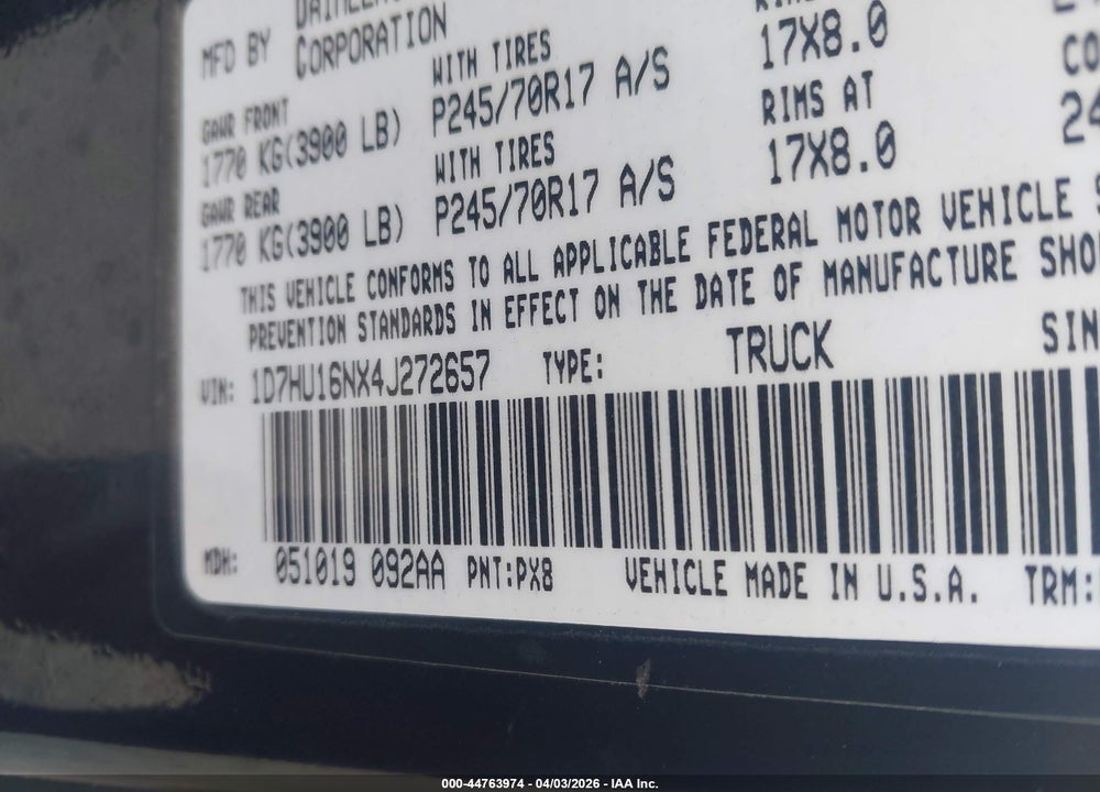 2004 DODGE RAM 1500 ST VIN: 1D7HU16NX4J272657