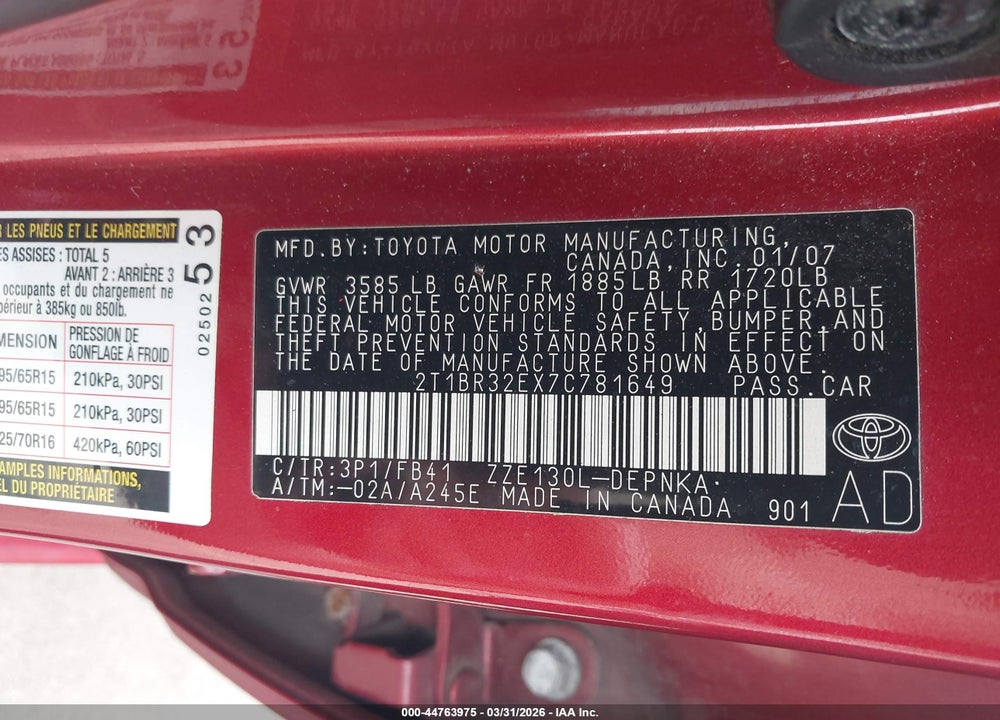2007 TOYOTA COROLLA LE VIN: 2T1BR32EX7C781649