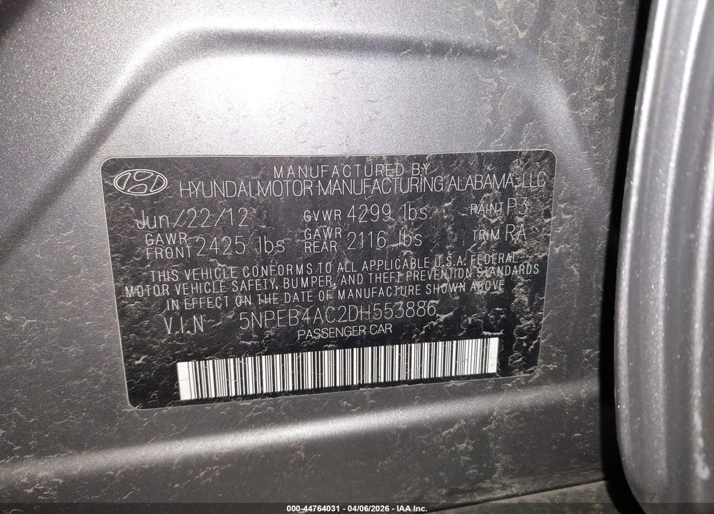 2013 HYUNDAI SONATA GLS VIN: 5NPEB4AC2DH553886