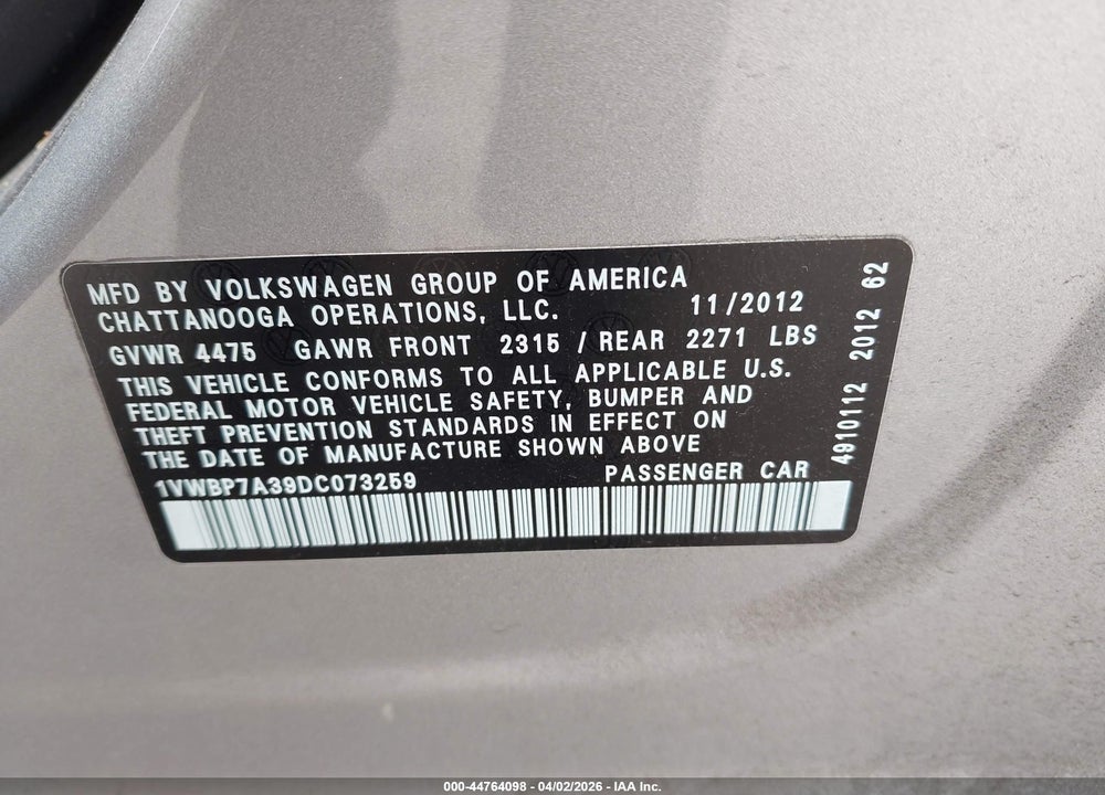 2013 VOLKSWAGEN PASSAT 2.5L SE VIN: 1VWBP7A39DC073259