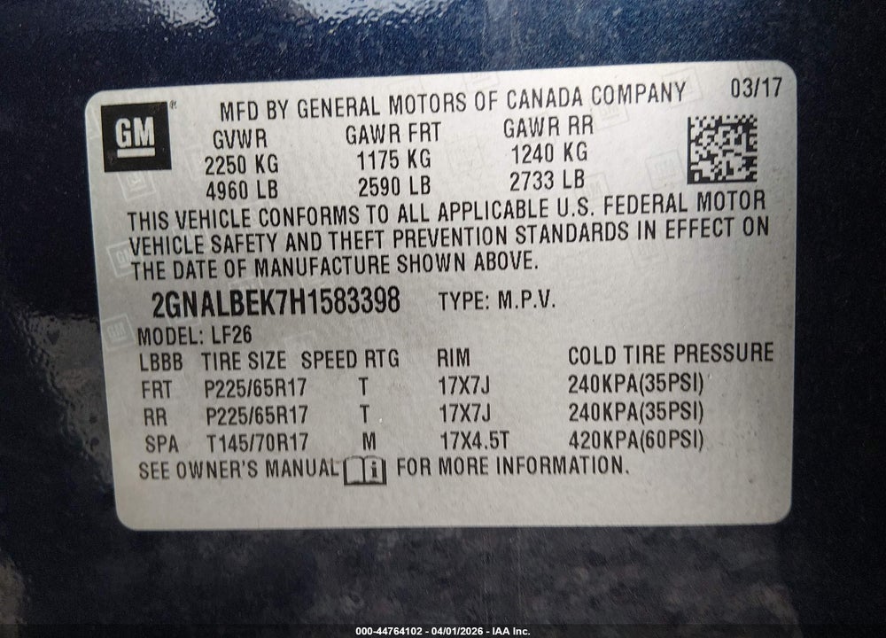 2017 CHEVROLET EQUINOX LS VIN: 2GNALBEK7H1583398