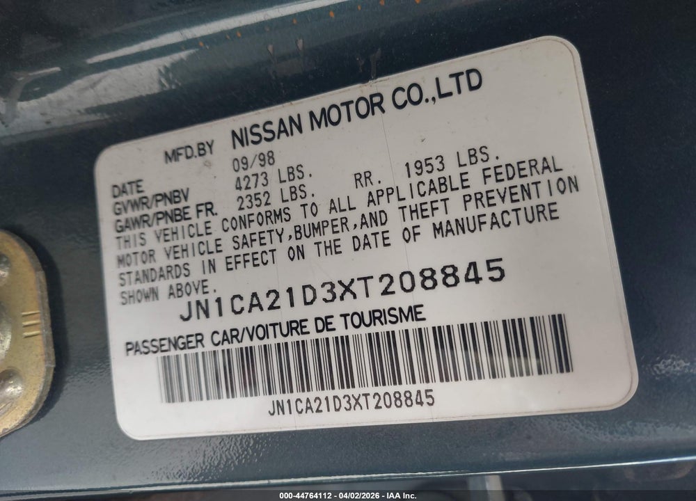 1999 NISSAN MAXIMA GLE/GXE/SE/SE-L VIN: JN1CA21D3XT208845