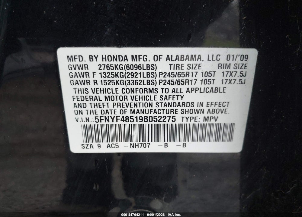 2009 HONDA PILOT EX-L VIN: 5FNYF48519B052275