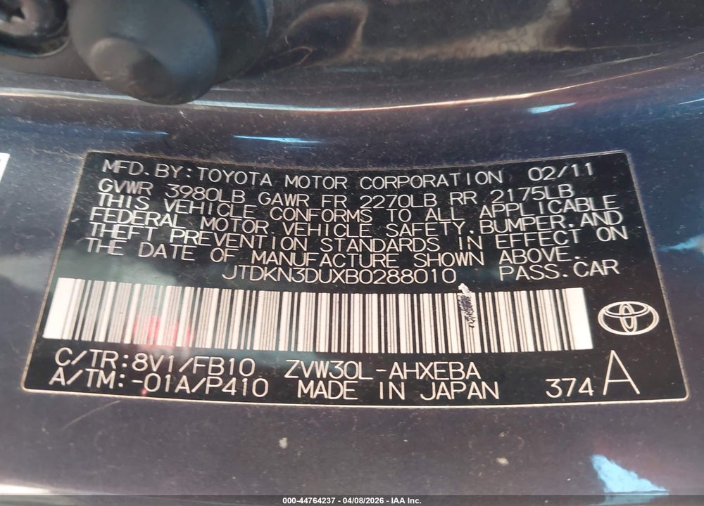 2011 TOYOTA PRIUS TWO VIN: JTDKN3DUXB0288010