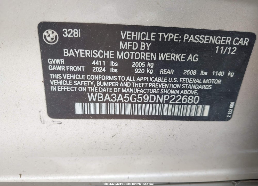 2013 BMW 328I VIN: WBA3A5G59DNP22680
