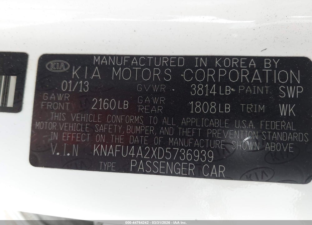 2013 KIA FORTE EX VIN: KNAFU4A2XD5736939
